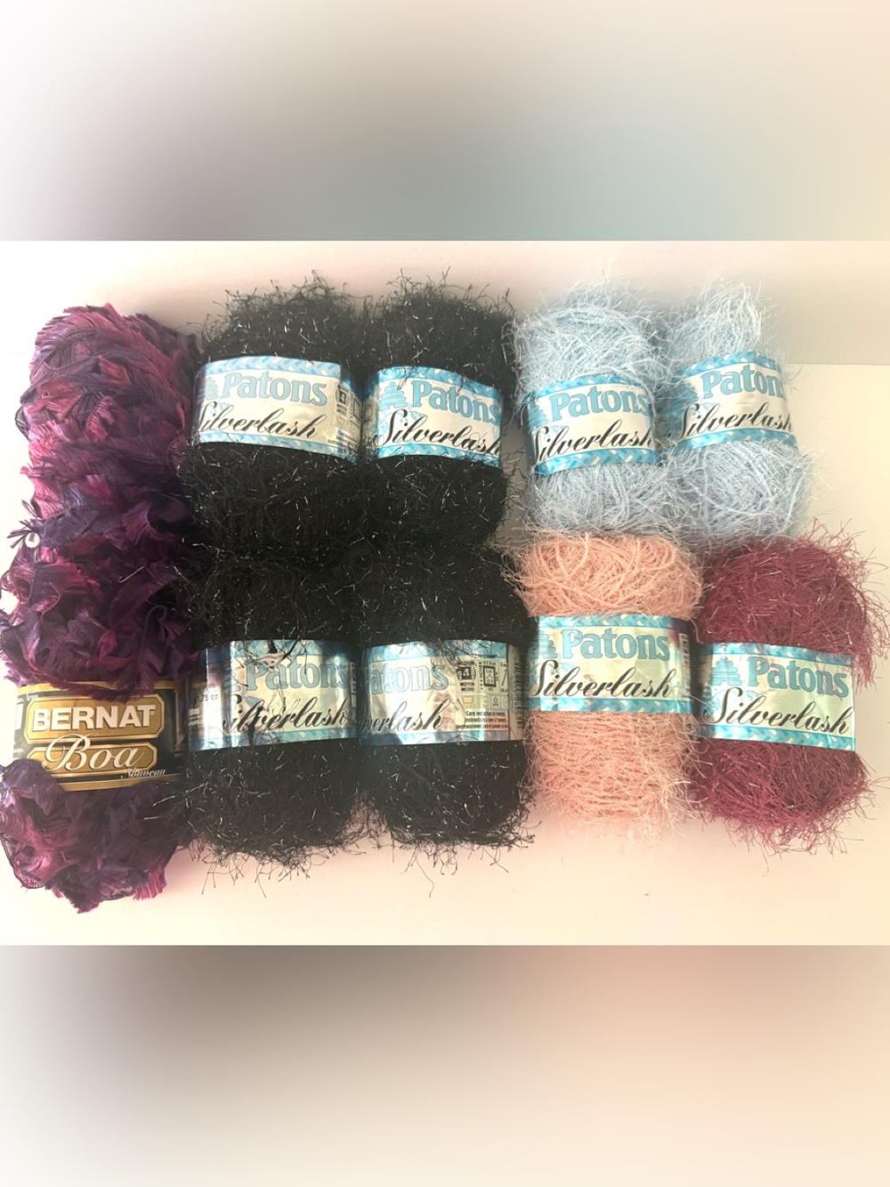 10 Patons Silverlash Eyelash Yarn Bundle - Black, Light Blue & Light Pink
